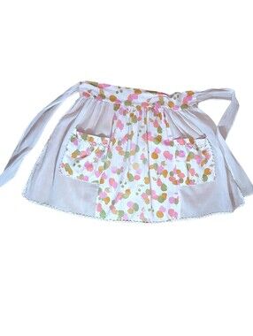 Vintage Apron Sheer Center Colorful Fabric W Pockets Trimmed In Silver Ric Rack